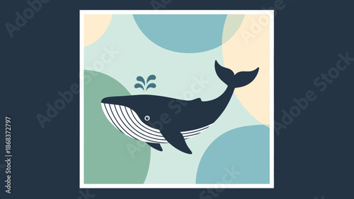 A charming flat illustration of a blue whale spouting water, depicted with a white belly and set against a background of soft pastel geometric shapes.