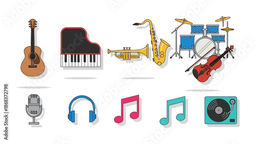 Collection of musical instruments and accessories including guitar piano saxophone drum set