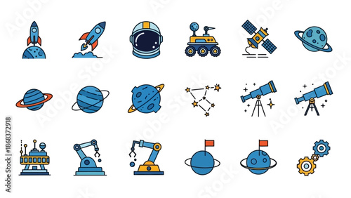 Collection of cartoon space exploration icons including rockets planets telescopes and robotic