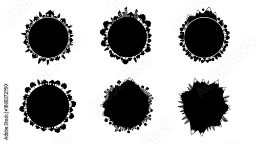 Collection of six intricate circular silhouettes with unique geometric and graffiti-inspired