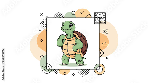 Cute cartoon turtle standing confidently with a friendly smile, surrounded by abstract geometric shapes and circles in a pastel color palette.