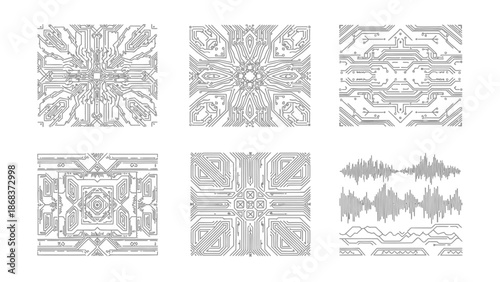 Futuristic circuit board patterns and waveform design illustrating technology and electronics