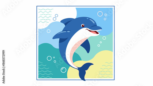 A cheerful cartoon blue dolphin with a white belly jumping out of the water, set against a vibrant abstract background with waves and bubbles.