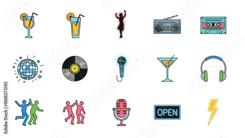 Collection of colorful music and dance themed icons including microphones records and sports in a