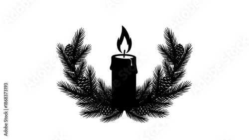 Minimalist Black and White Candle Illustration Surrounded by Pine Branches for Holiday Decor