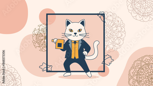 A charming white cartoon cat in a sharp suit holding a yellow bottle, presented in a vibrant vector illustration with decorative background.