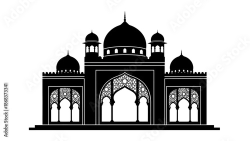 Intricate silhouette of an Indian mosque with domes and arches showcasing Islamic architecture in