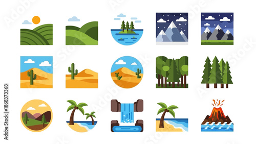 Colorful Digital Illustration of Diverse Natural Landscapes and Elements