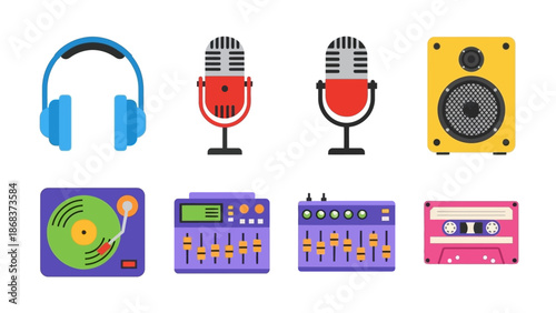 Music and Audio Equipment Illustrations Featuring Microphones Speakers and Turntables for Audio