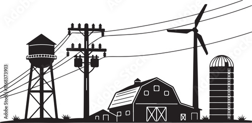 Rural Landscape with Farm Buildings and Wind Turbine Silhouette