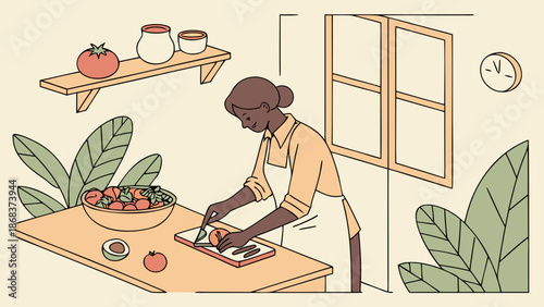 A person preparing a healthy meal at home, a concept of changing habits, a welcoming environment.