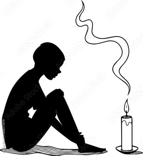 Lonely Person Sitting With Candle Black and White Silhouette Illustration