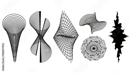 Abstract 3D Wireframe and Spiral Patterns Collection with Various Geometric Shapes and Symmetrical