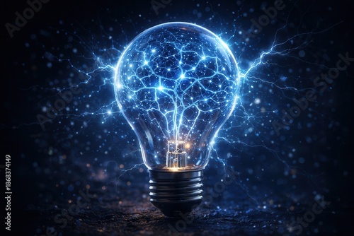 Conceptual image of an innovative light bulb containing glowing neural network patterns inside the filament. Electric blue sparks and energy lines symbolize artificial intelligence, creativity, innova