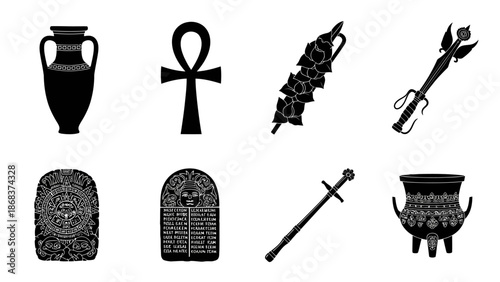 Ancient Egyptian Artifacts and Symbols Set Featuring Vases Ankh and Scepter