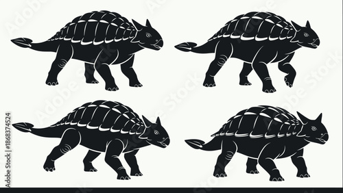 Four black silhouettes of armored dinosaurs resembling Ankylosaurus, depicted in various walking poses on a white background.