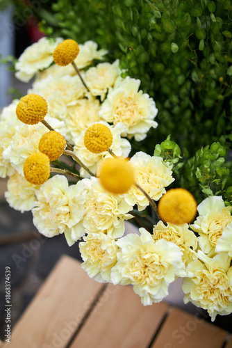 Stalls with flowers and bouquets at local street market