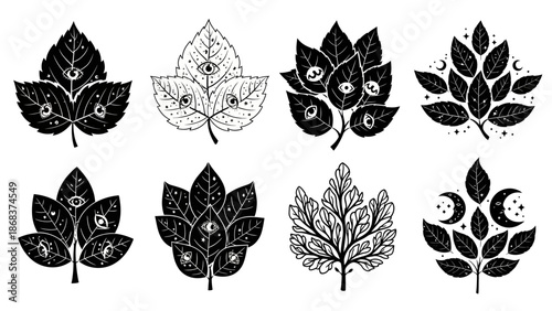 Set of mystical and symbolic black and white leaf illustrations with eyes and celestial motifs for