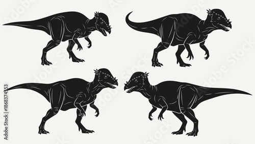 Four black silhouettes of Pachycephalosaurus dinosaurs standing in various poses on a white background, showcasing their distinctive domed heads.