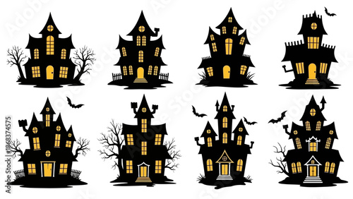 Spooky Haunted House Collection with eerie silhouettes and glowing windows perfect for Halloween