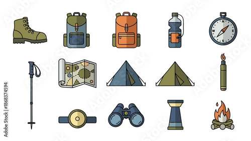 Set of outdoor hiking and camping gear including boots backpack water bottle map and binoculars
