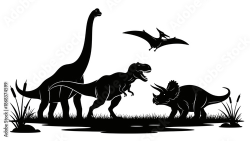 Detailed silhouette illustration of various prehistoric dinosaurs including a long-necked sauropod, a T-Rex, a Triceratops, and a flying pterodactyl in a natural setting.