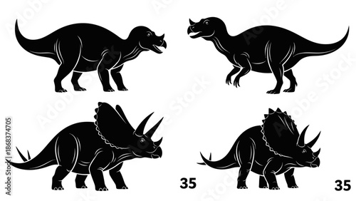 Four black dinosaur silhouettes on a white background, featuring various prehistoric creatures including horned ceratopsians and bipedal forms.