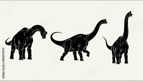 Three black silhouettes of long-necked sauropod dinosaurs in various poses on a light background, representing ancient creatures.