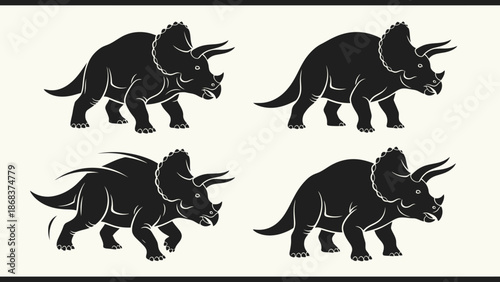 Four black triceratops dinosaur silhouettes in various poses on a light background, depicting ancient prehistoric creatures.