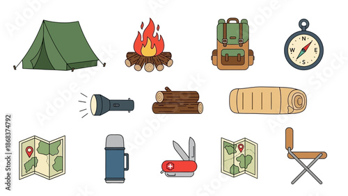 Camping and Outdoor Adventure Essentials with Tent Fire and Map for Wilderness Exploration
