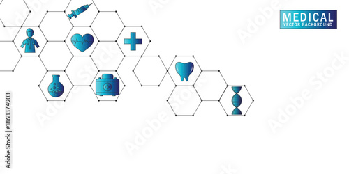 Abstract medical background with flat icons and symbols. Concepts and ideas for healthcare technology, innovation medicine, health, science and research
