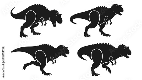 Four black dinosaur silhouettes in various dynamic poses on a white background, depicting a T-Rex or similar large theropod.