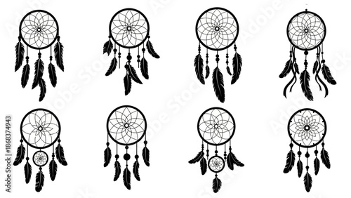 Collection of black and white dreamcatcher silhouettes with feathers for bohemian decor