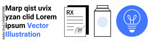 Healthcare, innovation, sustainability, prescription management, modern design, educational materials. Features a medical RX document, milk carton light bulb icon and placeholder text. Healthcare