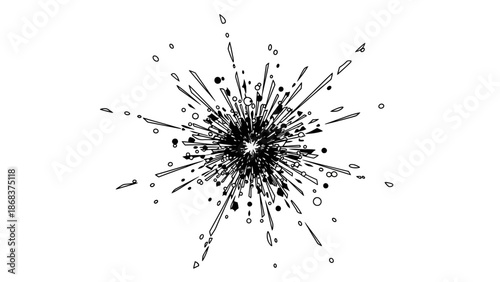 Abstract explosion of black lines and circles radiating from a central point wall art design