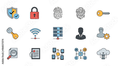 Collection of secure digital identification icons representing cybersecurity and data protection