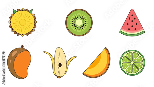 Colorful Fruits and Vegetables Illustration Featuring Kiwi Watermelon Lime and Other Fresh Produce