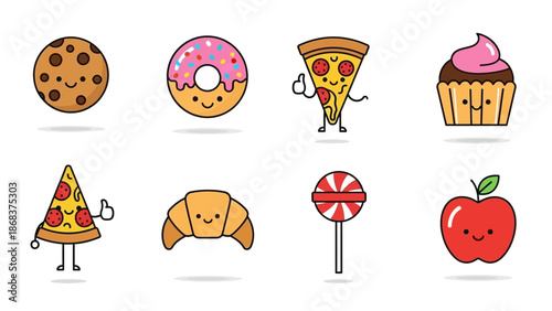 Cute and Playful Cartoon Cookies Pizza Cupcake Lollipop and Fruit Characters for Kids