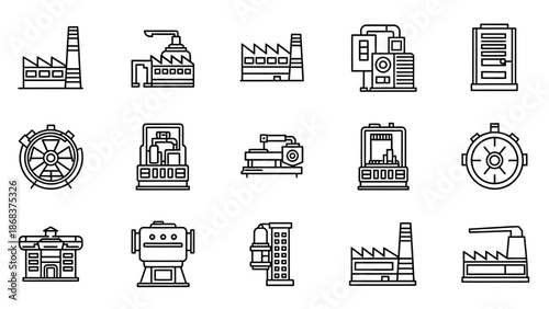 Minimalist Line Art Illustration of Various Factory and Industrial Equipment Displaying