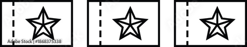 Ticket coupon icon set with star symbol and perforation line, admission voucher template design isolated on white