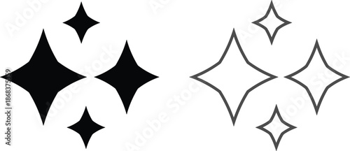 Sparkle star icon set in solid and outline style, magic shine symbols for decoration and highlight isolated on white
