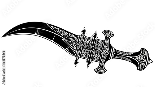 Intricate black and white fantasy dagger with ornate detailed carvings and medieval design elements