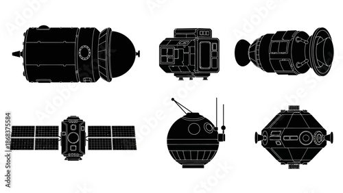 Minimalist Black and White Outline of Satellite and Spacecraft Components