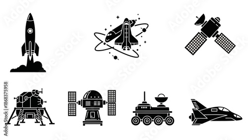 Collection of Spacecraft and Rocket Icons Representing Space Exploration and Satellite Technology