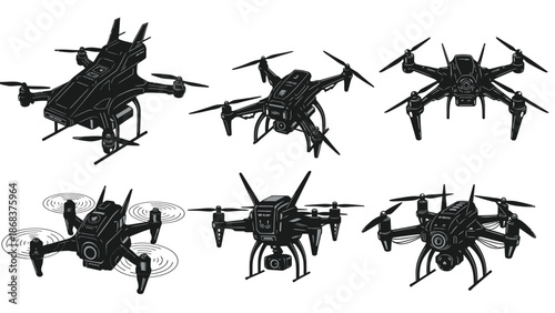Collection of modern military drones with advanced design and multiple rotors for surveillance and