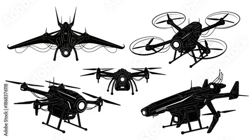 Collection of black silhouettes of various futuristic and military drones with detailed structures