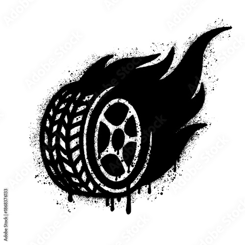A car wheel with fire painted in graffiti style