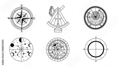 Historical Navigational Instruments Collection Featuring Compass Sextant and Astrolabe for
