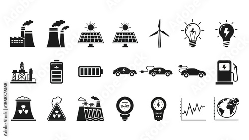 Comprehensive Collection of Icons Representing Renewable Energy and Environmental Technology