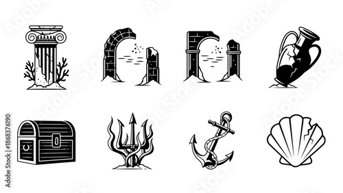 Collection of vintage archaeological artifacts including columns shells and maritime items for